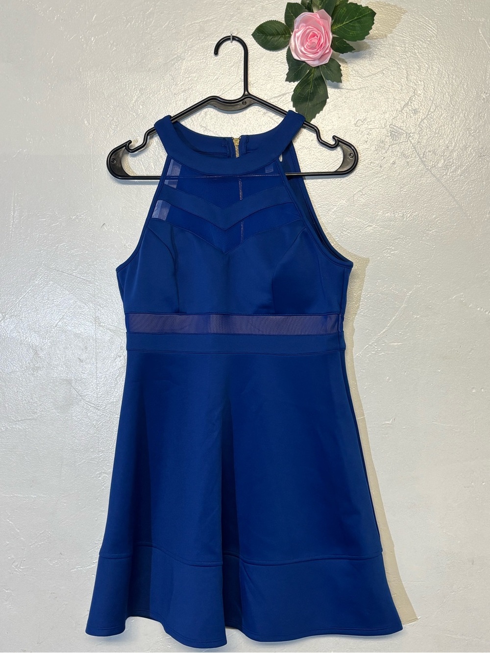 Emerald Sundae Royal Blue Mesh-Inset Halter A-Line Dress